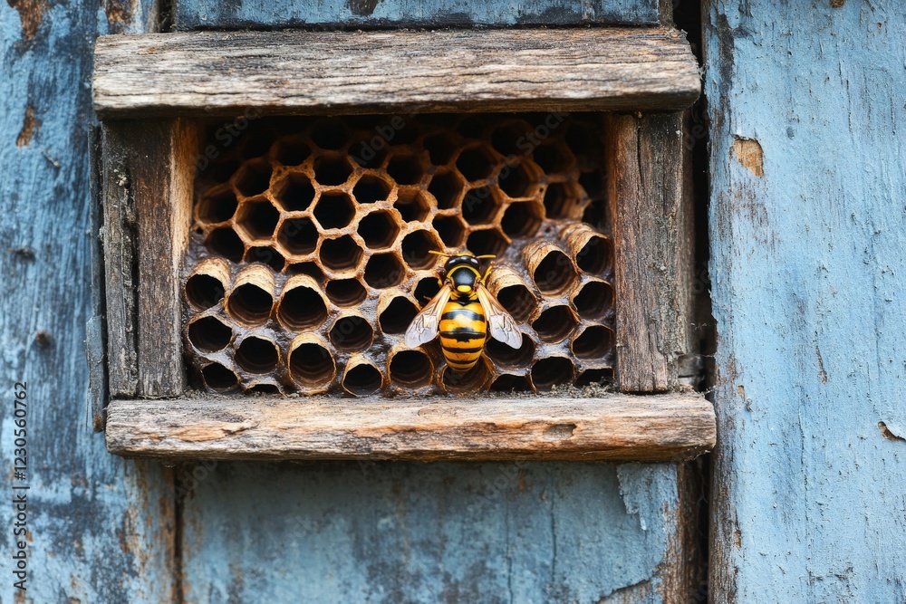 Poster focus on a bee collecting nectar at the entrance of a honeycomb in a rustic wooden beehive during la