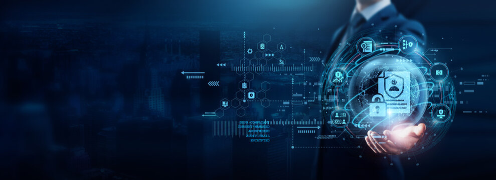 Businessman holding data privacy policies and strategies, ensuring compliance with regulations to protect customer information, maintain trust. Implementing robust data protection measures safeguards.