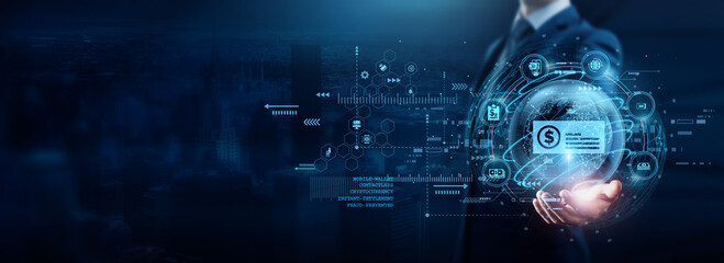 Businessman holding digital payment solutions, transforming financial transactions to enhance convenience and streamline operations. Real-time payments, facilitating seamless transactions.