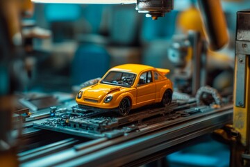 Golden toy car on a production line in a vibrant workshop filled with tools and machinery