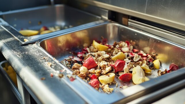 Discarded fruit and nut mixture in a stainless steel food tray at a busy kitchen setting