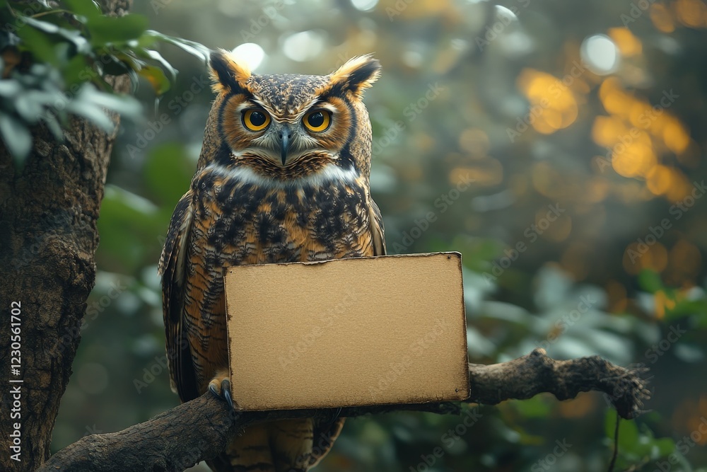 Poster owl perched on a branch in a forest holding a blank sign during the golden hour of the day