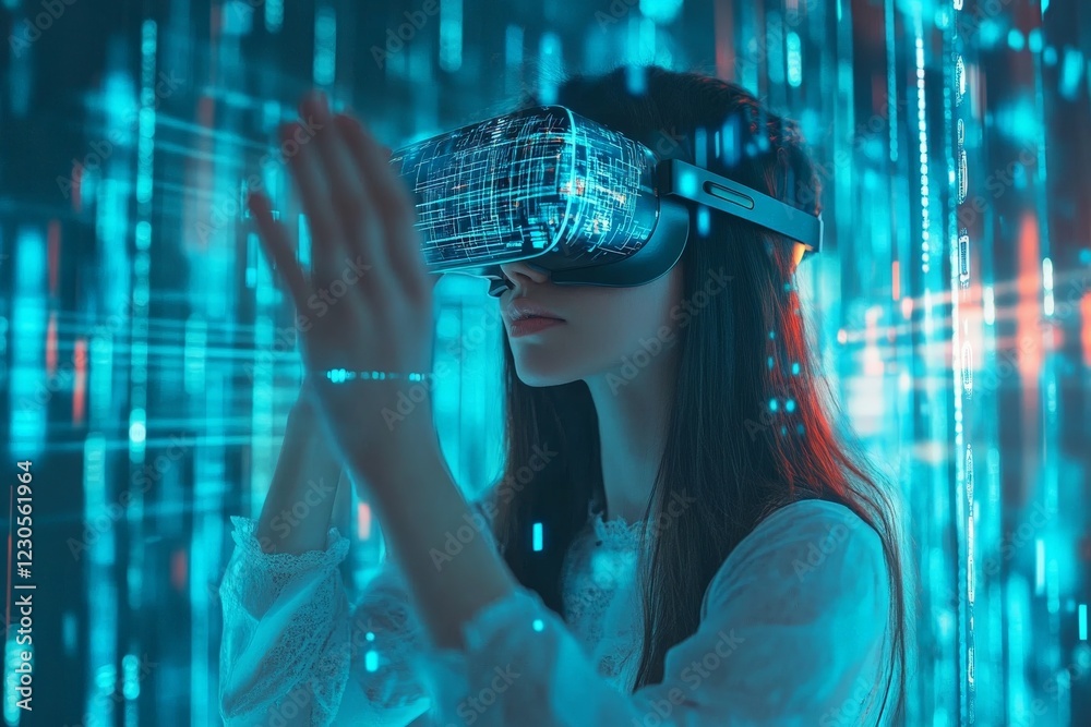 Poster exploring virtual reality technology with immersive digital landscapes and futuristic graphics
