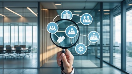 A magnifying glass reveals interconnected business elements, highlighting the complex network of modern organization and operations.