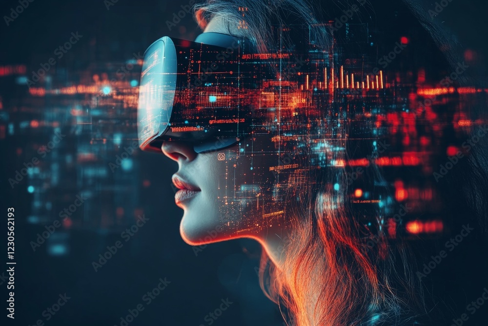 Poster exploring virtual reality technology with a focus on immersive experiences and digital landscapes