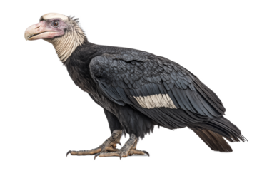 Andean Condor with a white head and neck stands on a transparent background