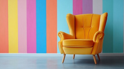 Vibrant yellow armchair against a colorful striped wall in a modern interior setting