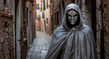 Mysterious figure in silver mask and hood walks through ancient narrow alleyway in a quiet European town