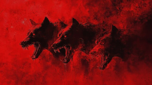 Crimson Howl: A Trio of Fierce Wolves in a Hellish Inferno