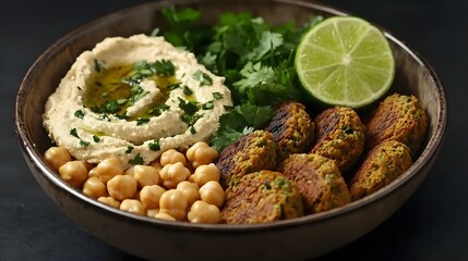 Delicious Hummus Bowl with Falafel, Chickpeas and Cilantro