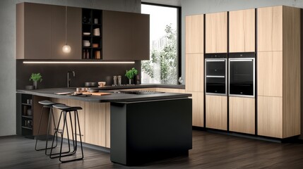 Modern kitchen interior with sleek cabinetry, stylish appliances, and a serene outdoor view