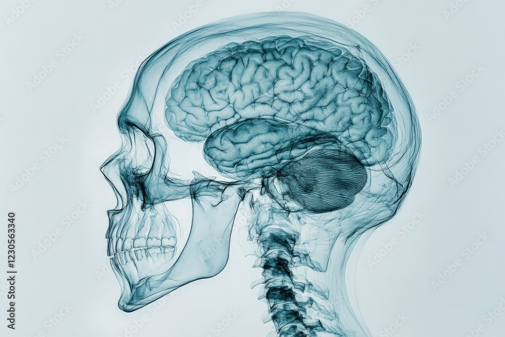 Aufkleber detailed illustration of a human skull and brain in profile view showcasing anatomical structures an