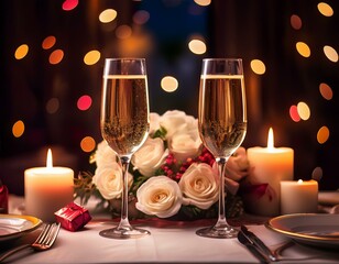 Champagne glasses  bouquet flowers. Candlelight date in restaurant