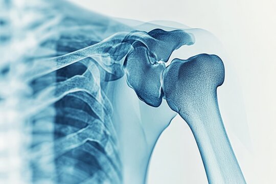 Detailed view of a shoulder joint with surrounding bones and tissues in an X-ray format