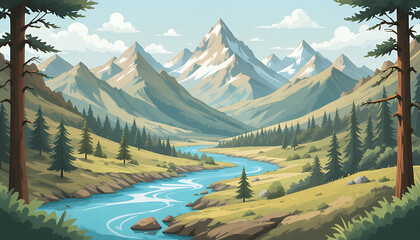 Serene Mountain River Valley Landscape Illustration