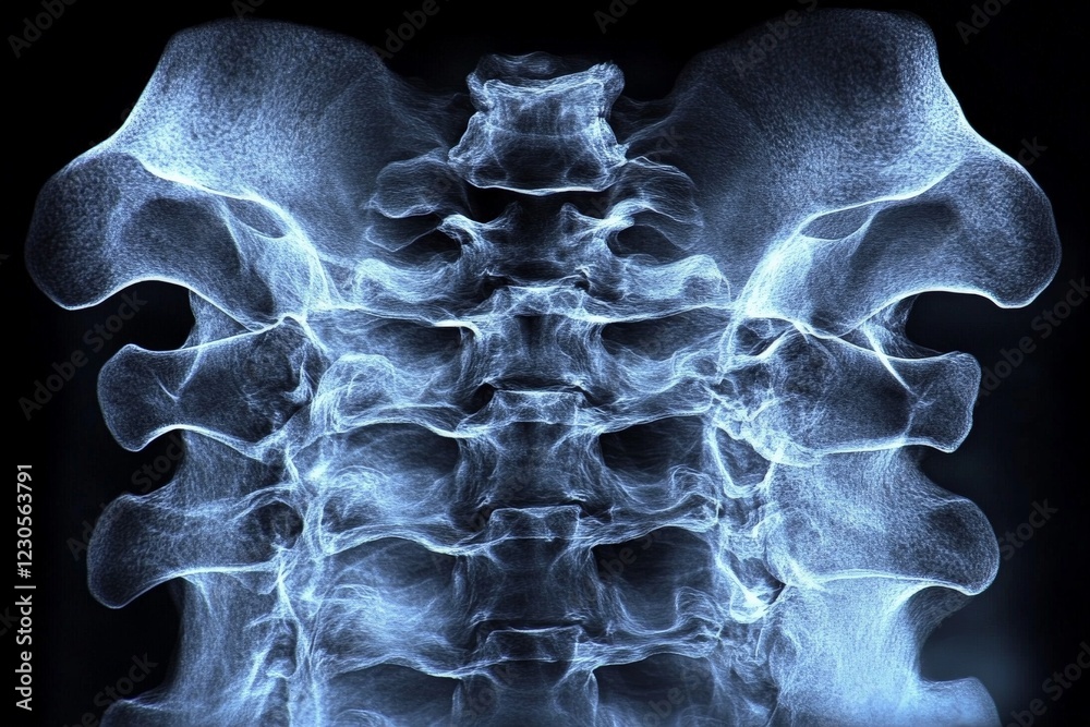 Poster visualization of human spine structure highlighting vertebrae and surrounding anatomy