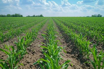 Vast Green Field of Crops Under a Blue Sky