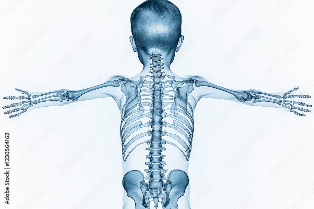 Poster Display of human skeletal structure in a child with arms outstretched and spine visible