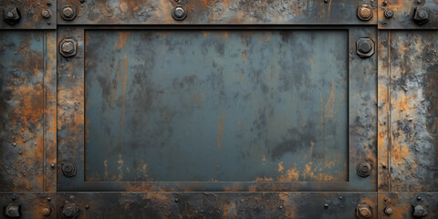 Metal texture with a rusty surface background. Grunge horizontal banner. Metal frame with empty space for text. Digital photo style illustration AI artwork.
