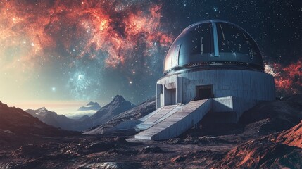 Outside view on a giant space observatory with vivid galaxies and nebulas in the distance on back, cinematic style
