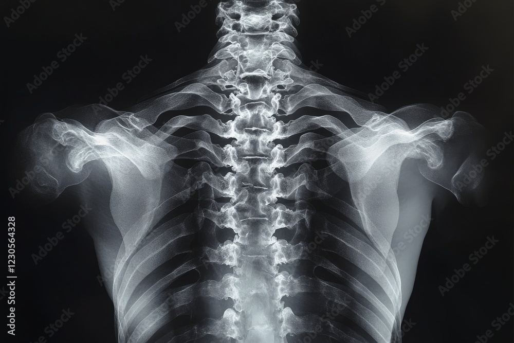 Poster x-ray image showing the human skeletal structure of the upper back and spine with clarity and detail