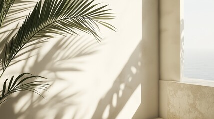 Palm leaves shadows on a white wall.