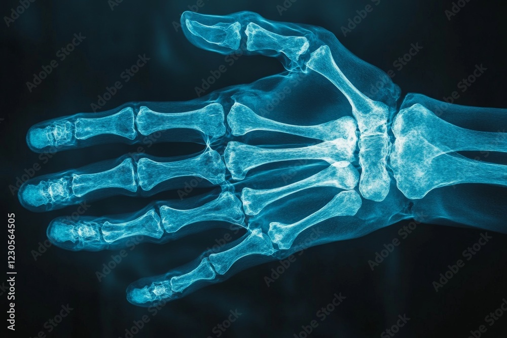 Poster x-ray of a human hand displaying clear bone structure and joint details in a dark background