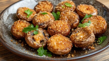Delicious baked stuffed mushrooms with cheese and breadcrumbs garnished with fresh parsley