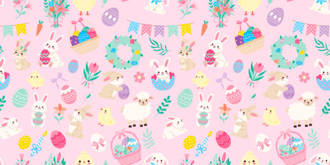 A colorful Easter pattern with many different animals and eggs. The pattern is pink and has a playful, whimsical feel to it