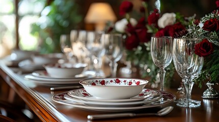 Fototapeta premium A table with a variety of red and white dishes and glasses