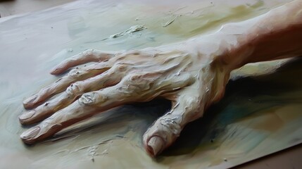 Close-up of a sculpted hand on textured canvas, painted in thick layers of oil, creating a three-dimensional effect with rough brush strokes, emphasizing realism and expressive artistry.