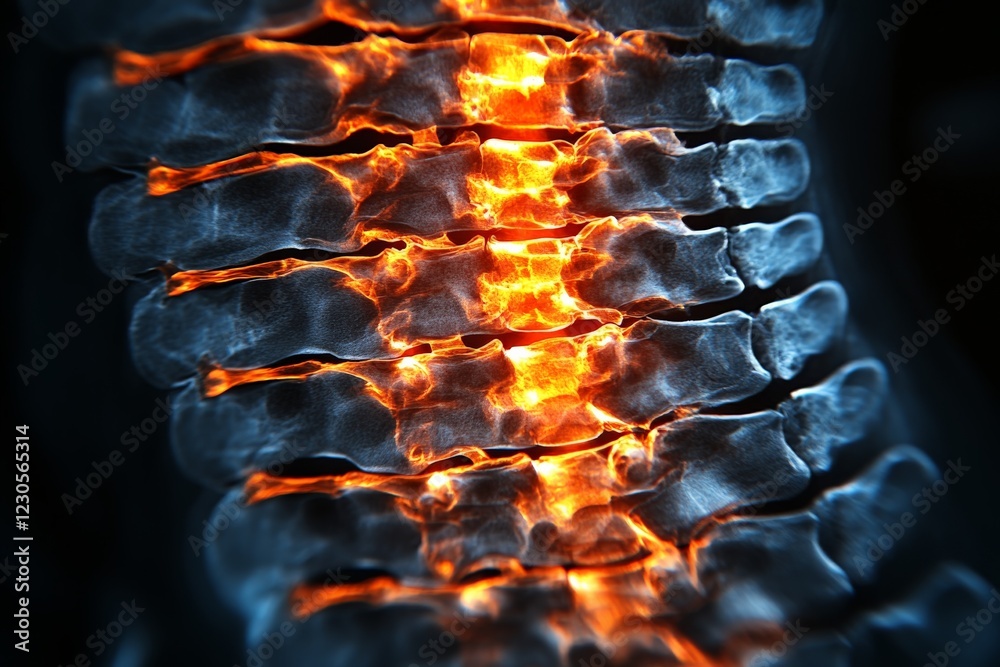 Poster bright visualization of human spine highlighting vertebrae structure and nerve pathways during medic