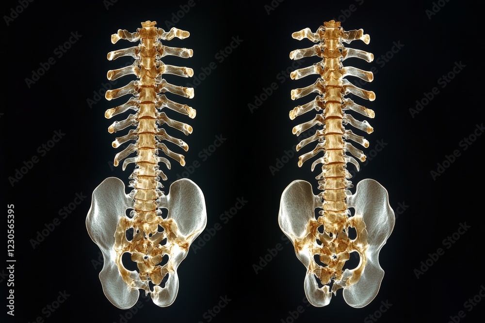 Poster detailed view of human spine and pelvis showing skeletal structure from both anterior and posterior 