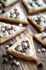 Fototapeta premium Triangular pastries with chocolate chips and marshmallows on rustic wooden table