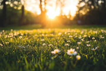 Fototapeta premium A stunning golden hour scene of a field covered in daisies, showcasing the beauty of nature illuminated by the warm glow of the setting sun in a serene environment.