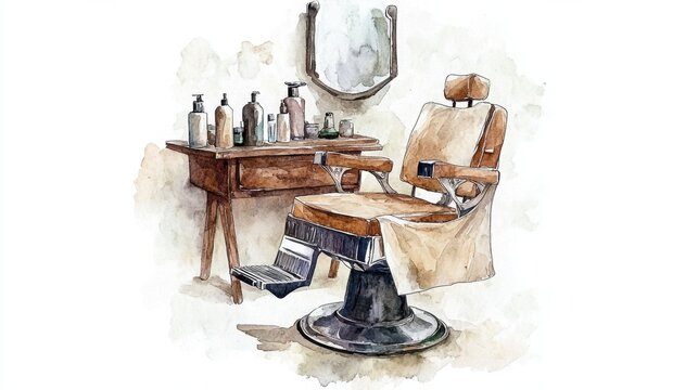 Vintage barber chair and wooden table with mirror in watercolor style National Black Barber Shop Appreciation Day