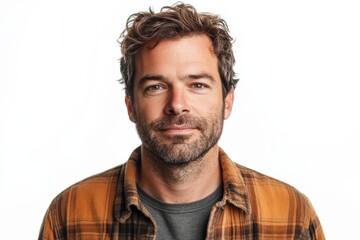 Obraz premium Confident Man in Casual Attire with a Friendly Smile Against a White Background