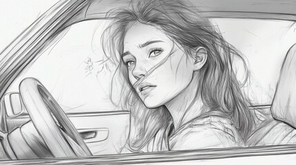 Distracted Driving Awareness Month Pensive woman in car sketch capturing emotion and movement for artistic design