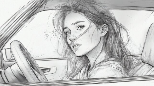 Distracted Driving Awareness Month Pensive woman in car sketch capturing emotion and movement for artistic design