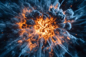 Explosive energy bursts forth as a nuclear detonation ignites, surrounded by intense flames and thick clouds of smoke. This captivating moment reveals the raw power of the event