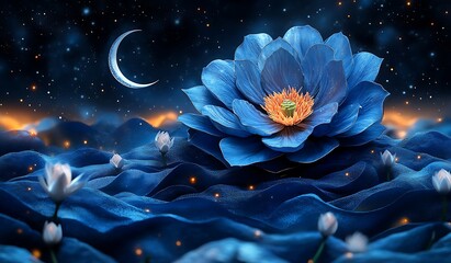 Vibrant Blue Lotus Flower Amidst Blooms with Starry Night Sky and Crescent Moon
