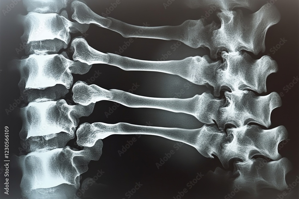 Poster examination of human spine showing vertebrae and intervertebral discs via x-ray imaging technique