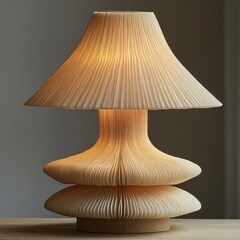 Illuminated pleated paper lamp on wood table, soft background