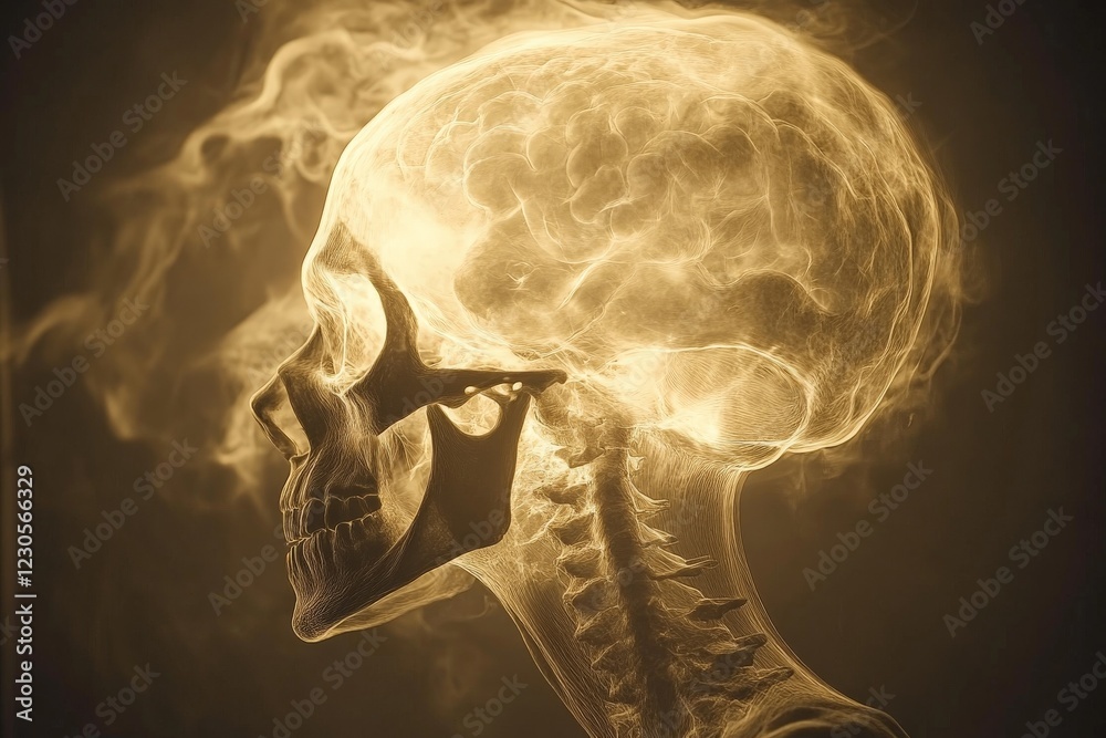 Poster intricate depiction of a human skull illuminated by ethereal light showcasing anatomical details and