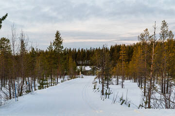 Beautiful winter landscape in Finnish Lapland around Akaslompolo, Finland