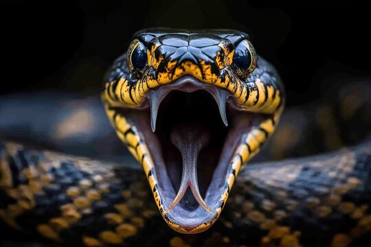 Close-up view of a snake with its mouth open displaying sharp fangs in a rainforest setting during daylight