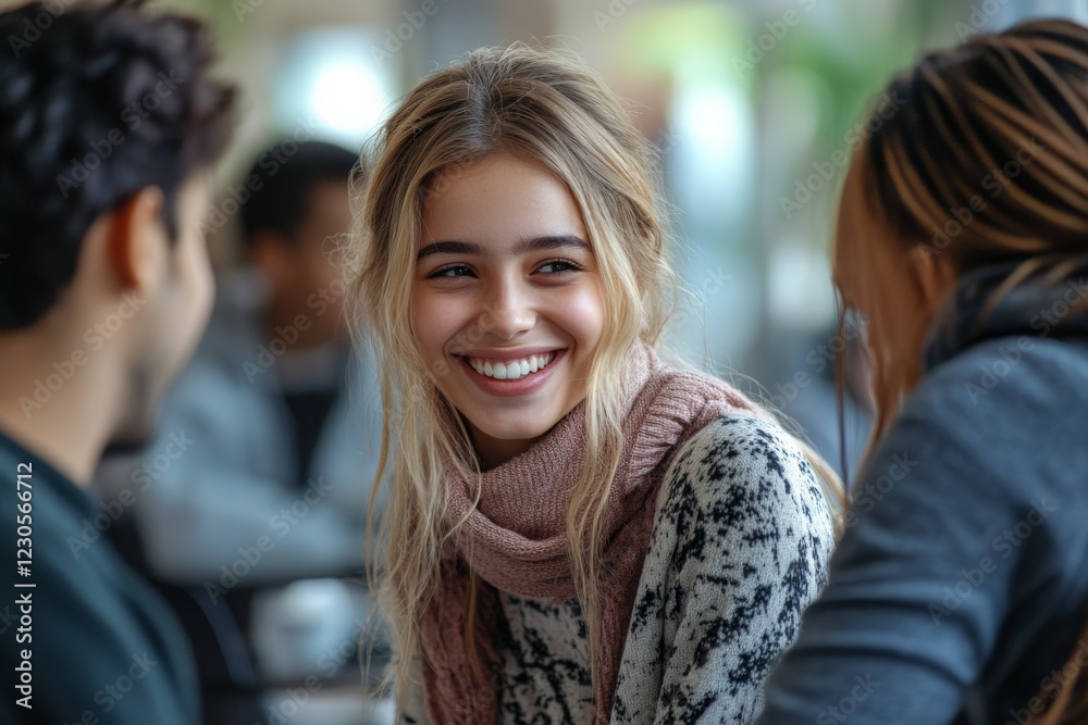 Wall mural Smiling young woman engages in lively conversation with friends at a cozy cafe during the afternoon