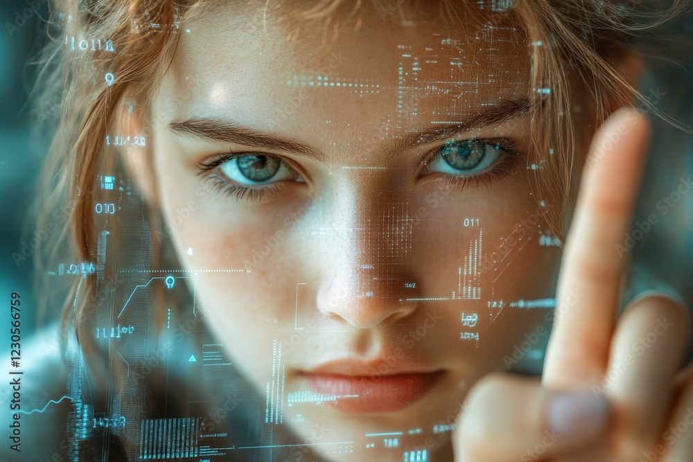 Aufkleber Girl interacting with digital interface in a futuristic environment during the day