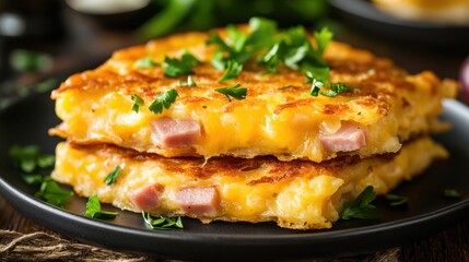 Delicious ham and cheese potato pancakes garnished with fresh parsley for a tasty brunch