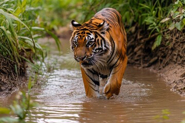A majestic tiger strides gracefully through a shallow jungle stream, its orange and black fur vividly reflected in the water. Surrounding greenery adds to the lush habitat atmosphere